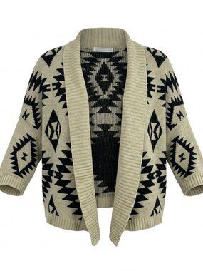 A Knitch Above Aztec Print Open Front Cardigan Sweater Shrug Cream Black Size M